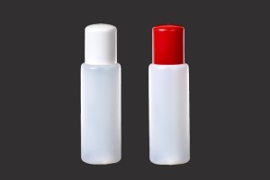 Halbtransparente Kunststoffflasche 100ml mit rotem oder weißem Verschluss und Abdichtscheibe, für Lotion