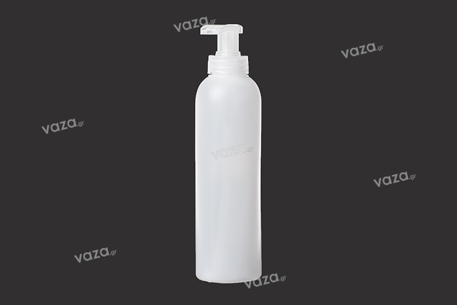 Bottiglia di plastica rotonda da 250 ml con pompa.