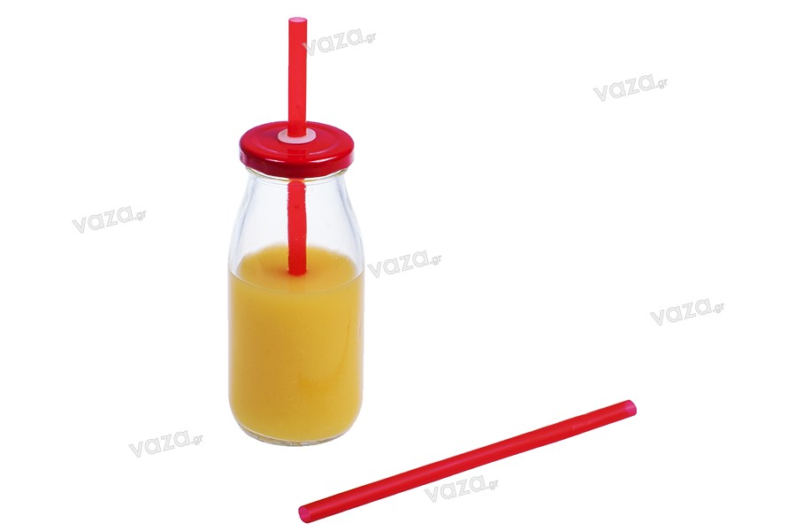 Bouteille en verre de 250ml de limonade avec bouchon rose, argent, rouge avec trou pour la paille
