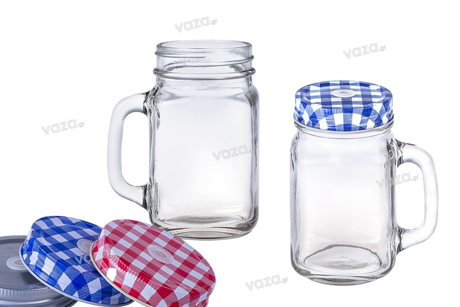 Set di bicchiere in vetro con manico, coperchio e cannuccia con un libro di  ricette – A quadri bianchi e blu – 0,5 litro bicchiere/bicchiere con  sollievo – per succhi di frutta