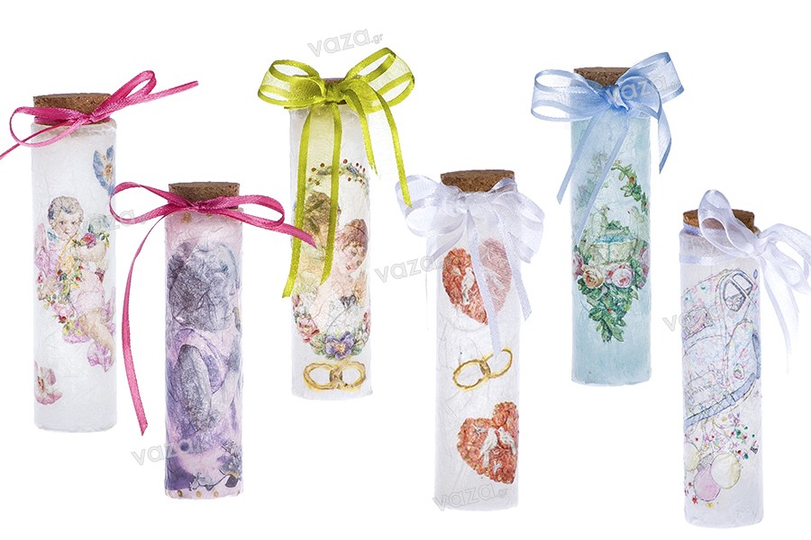 Small glass tube with cork stopper, suitable for wedding or christening favor
