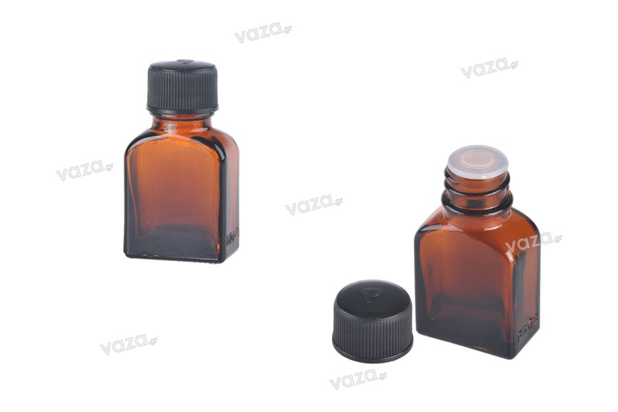 Flacon en verre de 8ml en couleur caramel avec couvercle et bouchon en plastique noir