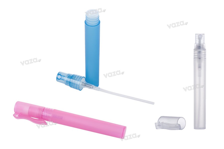 Μπουκαλάκι αρωματοποιίας με σπρέι 10 ml μινιατούρα πλαστικό σε 3 χρώματα (ημιδιάφανο, μπλέ ή ροζ) - 25 τμχ