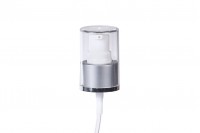 Silver aluminum cream dispenser pump with PP24 finish. Transparent cap with silver stripe (10cm tube)