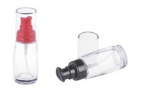 Sticlă rotundă pentru cremă 30 ml cu pompa de plastic roşie sau neagră şi capacul transparent