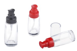Flacon de crème rond en verre de 30 ml avec pompe en plastique rouge ou noir et bouchon transparent-5