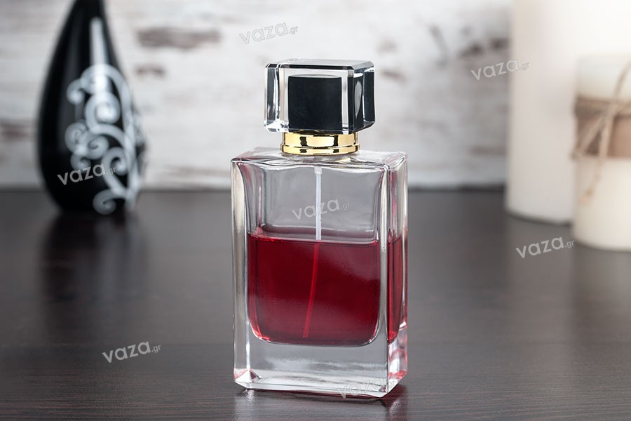 Rectangular 70ml glass perfume bottle with PP15 finish