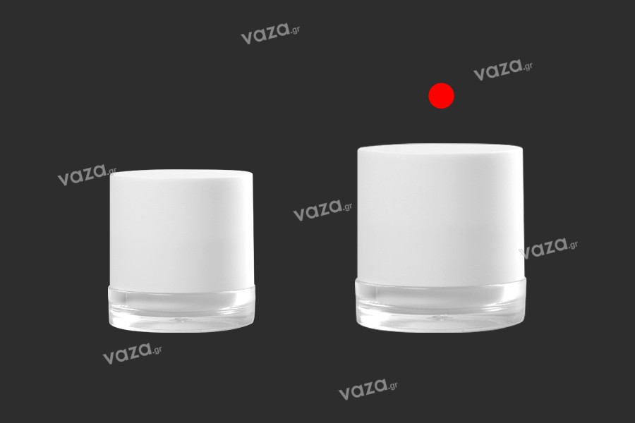Vasetto in acrilico da 50 ml di colore bianco con tappo in plastica, guarnizione e spatola