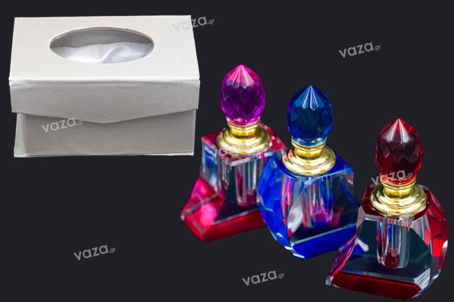5ml crystal attar bottle with crystal cap and glass dipstick, in 3 colors. 