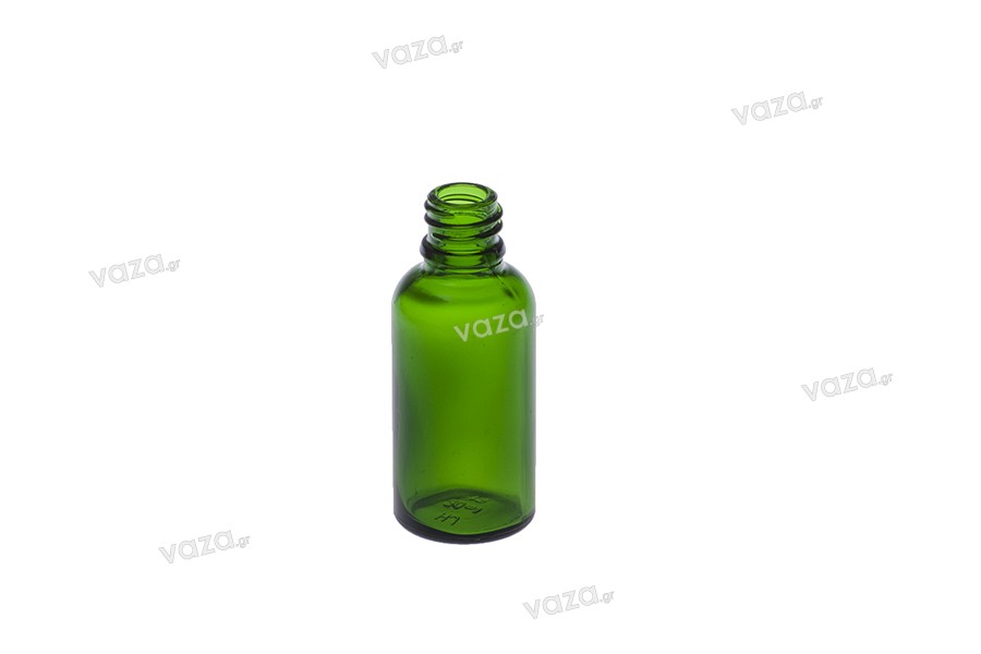 Γυάλινο μπουκαλάκι για αιθέρια έλαια 30 ml πράσινο με στόμιο PP18 Γυάλινο μπουκαλάκι για αιθέρια έλαια 30 ml πράσινο με στόμιο PP18