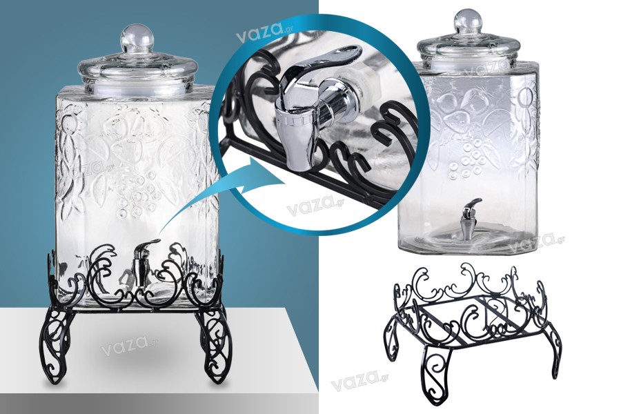 Contenitore barattolo in vetro 18 litri con rubinetto e coperchio - disegni  in rilievo e base di metallo