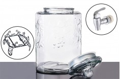 Bocal carré en verre gaufré avec couvercle en verre, robinet et base en métal 18litres