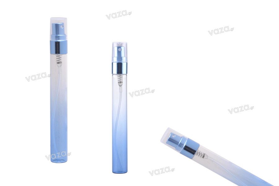 Tester de sticlă 10 ml cu spray de aluminiu şi capac transparent (mix color) - 6 buc.