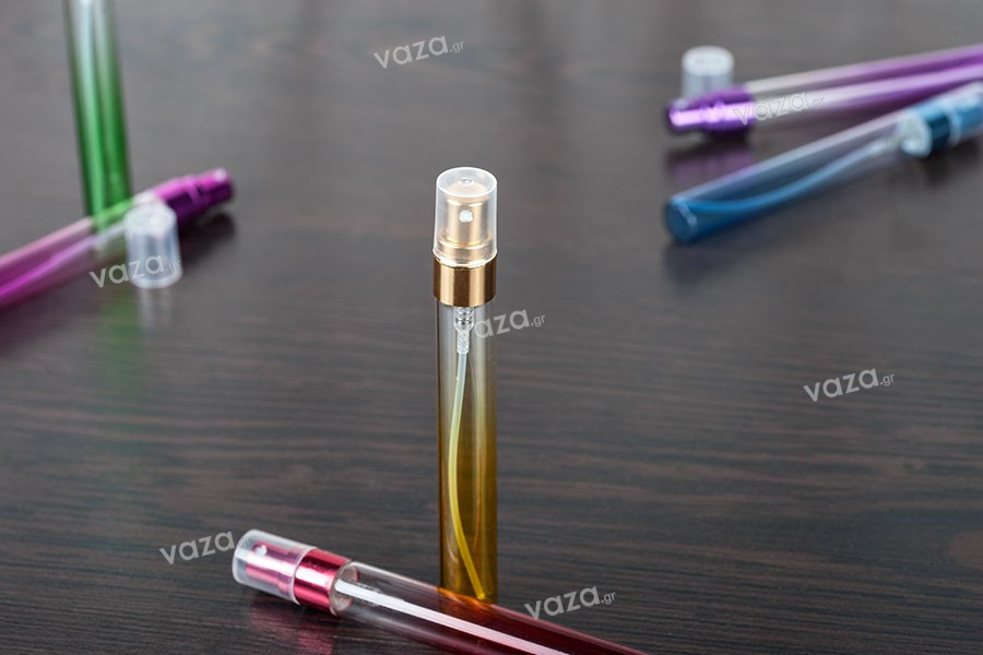Tester di vetro da 10 ml con spray in alluminio e tappo trasparente (colore misto) – 6 pezzi