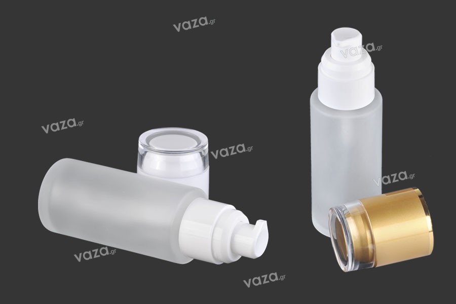 50ml frosted glass bottle with pump and white or satin gold cap