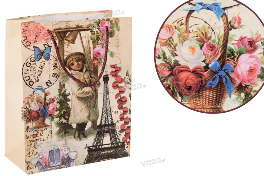 Laminated gift bag picturing the Eiffel Tower in size 210x100x260 mm