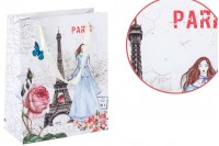 Laminated gift bag picturing the Eiffel Tower with satin handle in size 210x100x260 mm