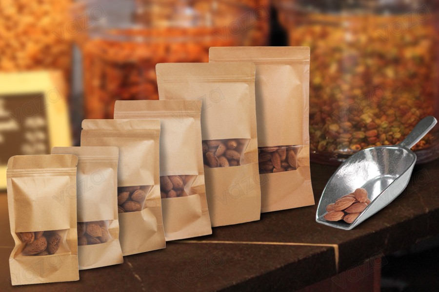 Standbodenbeutel Kraftpapier, Doy-Pack  160x40x235mm mit Sichtfenster, Druckverschluss und innere und äußere transparente Auskleidung -100 Stücke-εικόνα_διαστάσεις