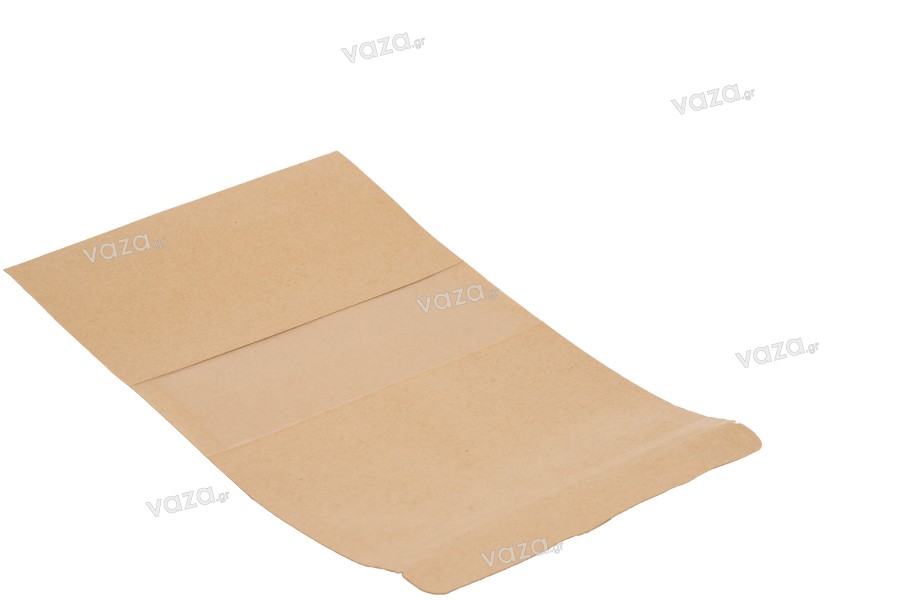 Sachets en papier kraft de type Doypack, avec zip et fenêtre, revêtement transparent interne et externe et possibilité de scellage par thermoscellage 160 x 40 x 235 mm – paquet de 100 pcs