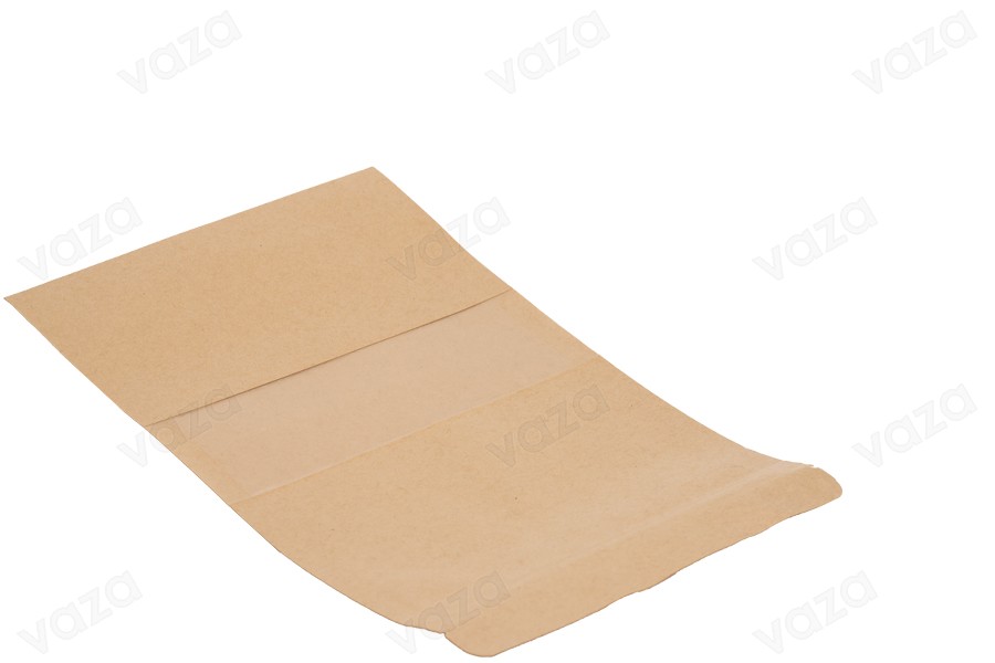 Standbodenbeutel Kraftpapier, Doy-Pack  160x40x235mm mit Sichtfenster, Druckverschluss und innere und äußere transparente Auskleidung -100 Stücke-