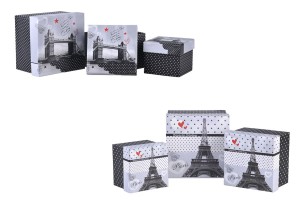 Laminierte viereckige Schachtel für Geschenke mit 2 verschiedenen Mustern Paris (Eiffel) oder London (Tower bridge) - Set S-M-L-1