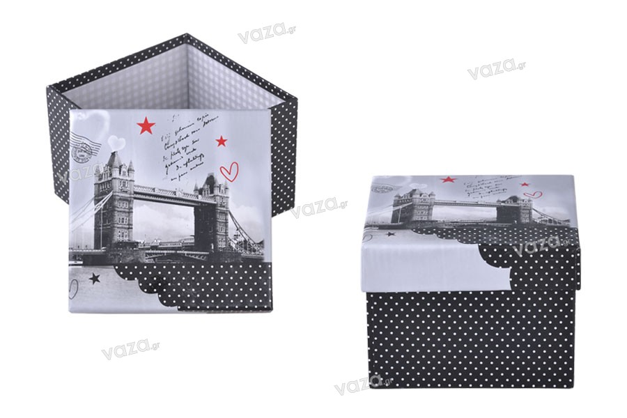 Κουτάκι πλαστικοποιημένο τετράγωνο για δώρο σε 2 σχέδια Παρίσι (Άιφελ) ή Λονδίνο (Tower Bridge) - σετ S-M-L 