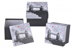 Κουτάκι πλαστικοποιημένο τετράγωνο για δώρο σε 2 σχέδια Παρίσι (Άιφελ) ή Λονδίνο (Tower Bridge) - σετ S-M-L 