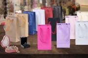 Laminated paper gift bag with a 2 cm sheer organza ribbon handle in different colour shades