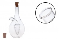 2 in 1 Oil and Vinegar Dispenser Set with grapes-shaped insert and 2 cork stoppers. Round 460ml hand-blown glass bottle