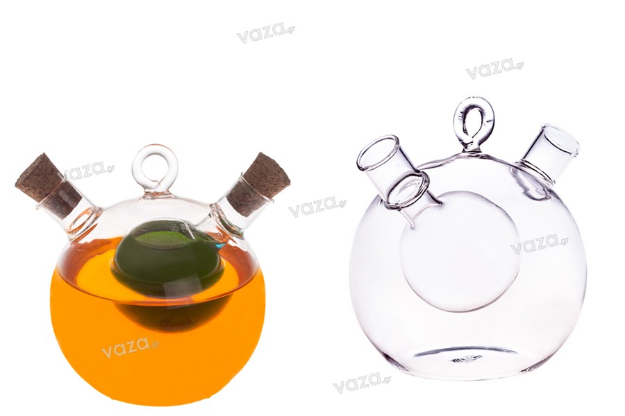 Bottiglia doppia di forma sferica con 2 tappi conici naturali, 414ml