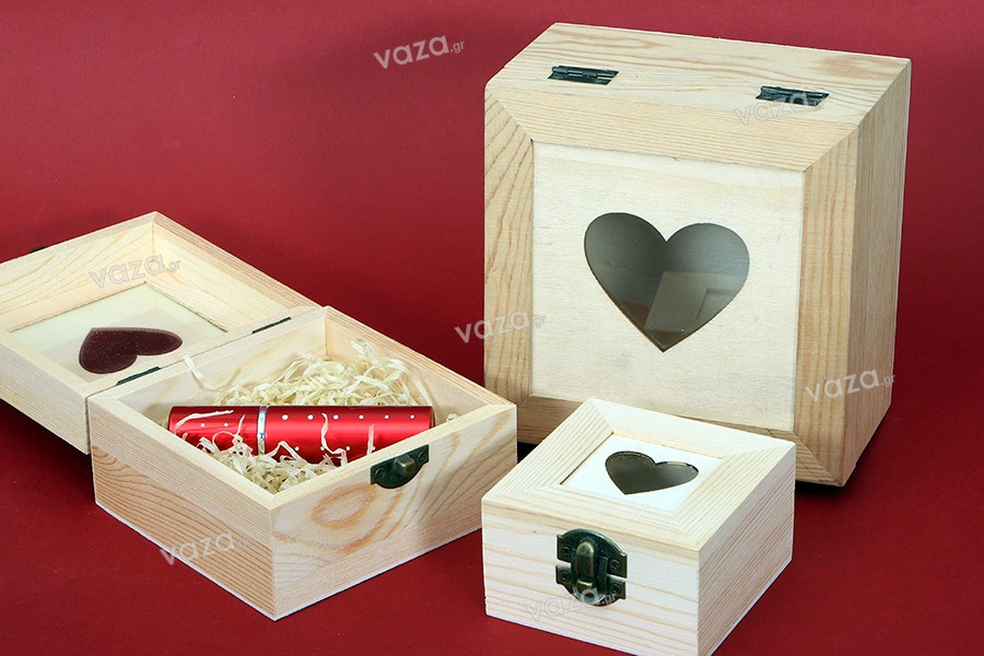 Boîte de rangement en bois avec fenêtre en forme de cœur et clips - lot de 3 pièces (S -M-L)