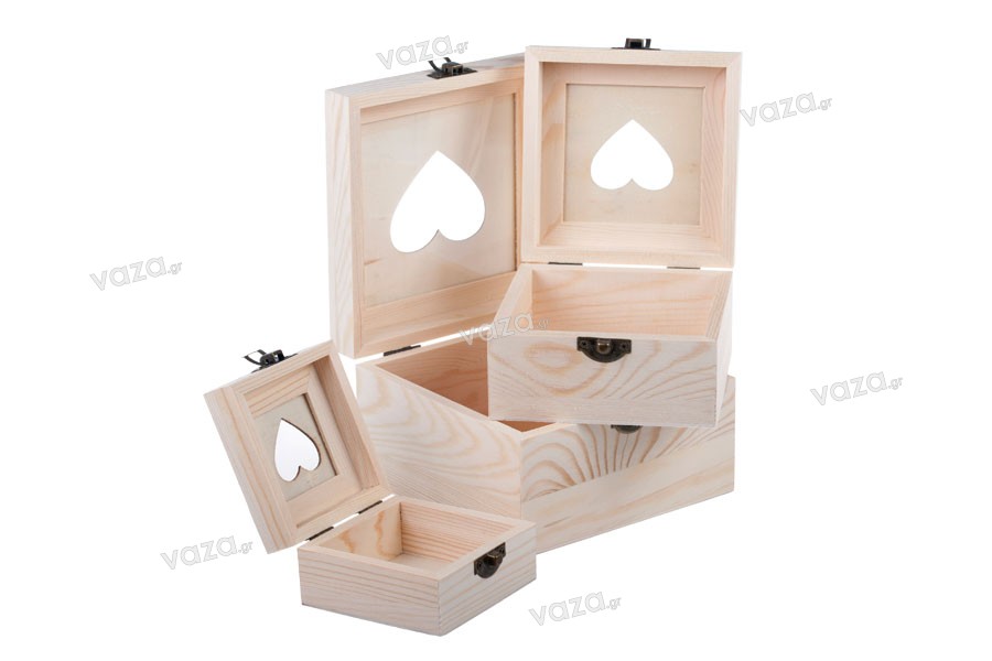Scatola portaoggetti in legno con finestra a forma di cuore e clip - set da  3 pezzi (S -M-L)