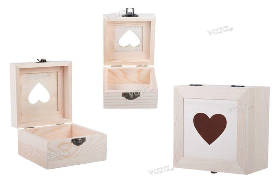 Scatola portaoggetti in legno con finestra a forma di cuore e clip - set da 3 pezzi (S -M-L)