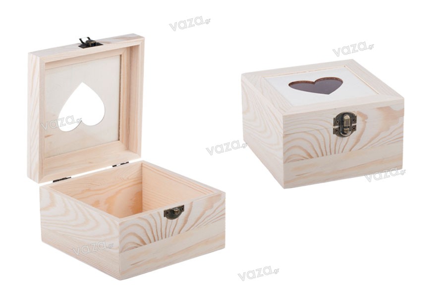 Scatola portaoggetti in legno con finestra a forma di cuore e clip - set da 3 pezzi (S -M-L)