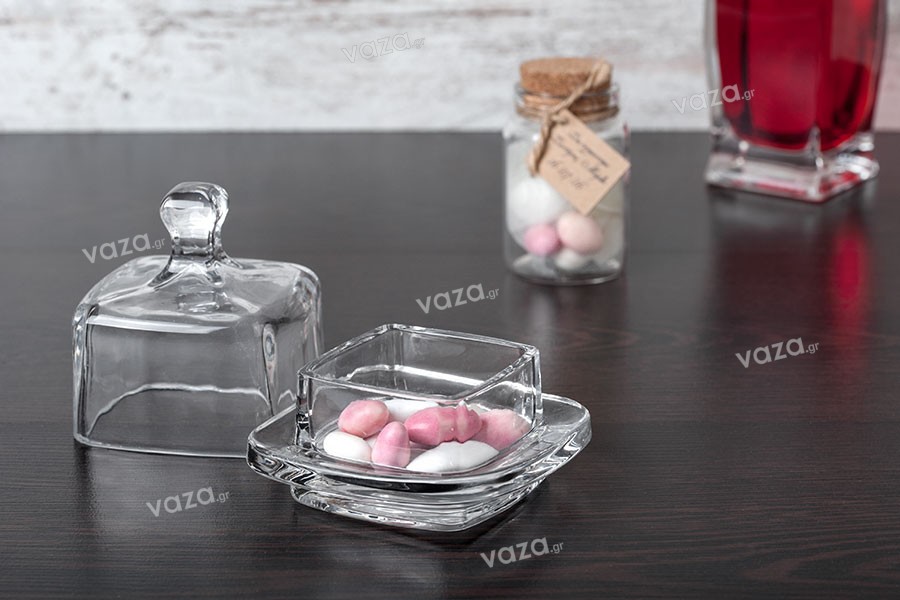 Kavanoz dekorativ katror me kapak qelqi për bomboniere dhe ëmbëlsira