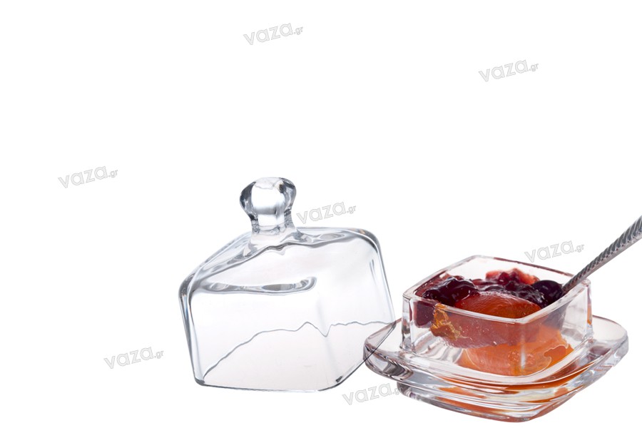 Διακοσμητικό γυάλινο βαζάκι τετράγωνο με γυάλινο καπάκι για κουφέτα & γλυκά 