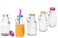 Graduated glass Bottle for juice with a hole in the lid for a straw 250 ml 