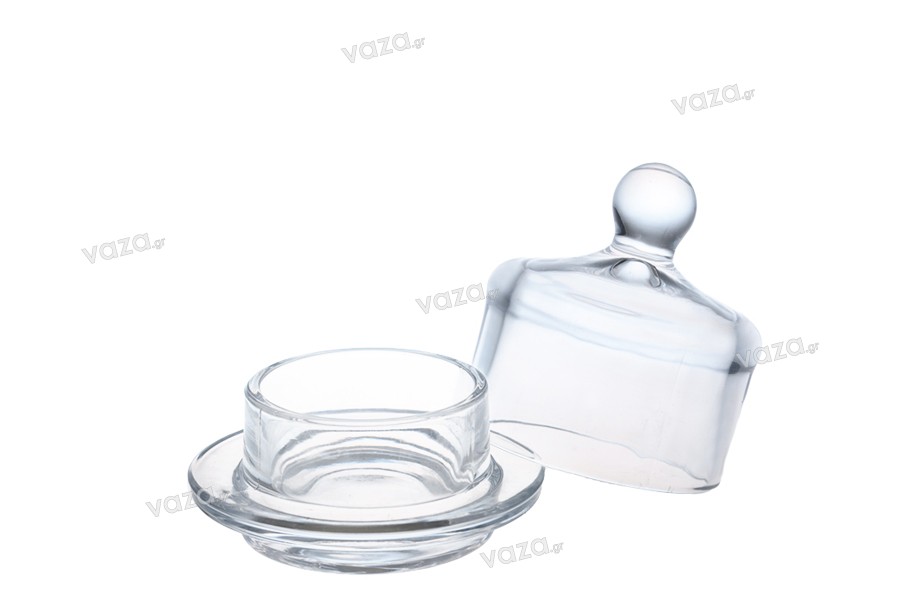 Διακοσμητικό γυάλινο βαζάκι στρογγυλό με γυάλινο καπάκι για κουφέτα & γλυκά 