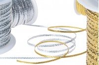 Decorative metallic thread cord, 3 mm wide in gold or silver (one piece is 100 m long)