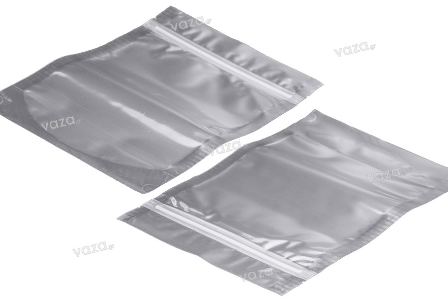 Σακουλάκια αλουμινίου τύπου Doy Pack, διάφανα με κλείσιμο "zip" και δυνατότητα σφράγισης με θερμοκόλληση 160x40x240 - 100 τμχ