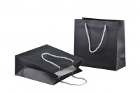 Black laminated gift bag with silver twisted rope handle in size 220x90x210