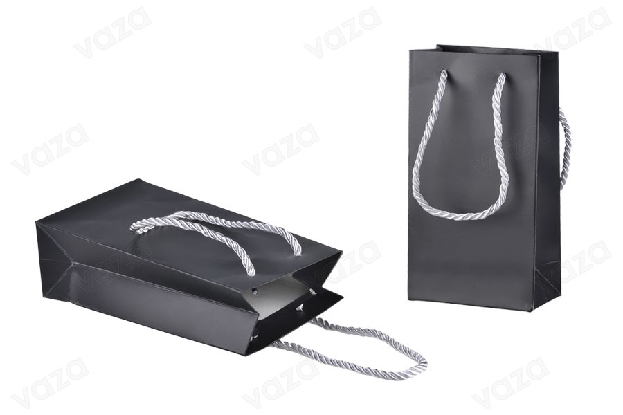 Geschenkbeutel in schwarz MAT mit silberner Kordel gedreht 6 mm und glatter Textur 110x60x200 - 20 Stk-produktbild