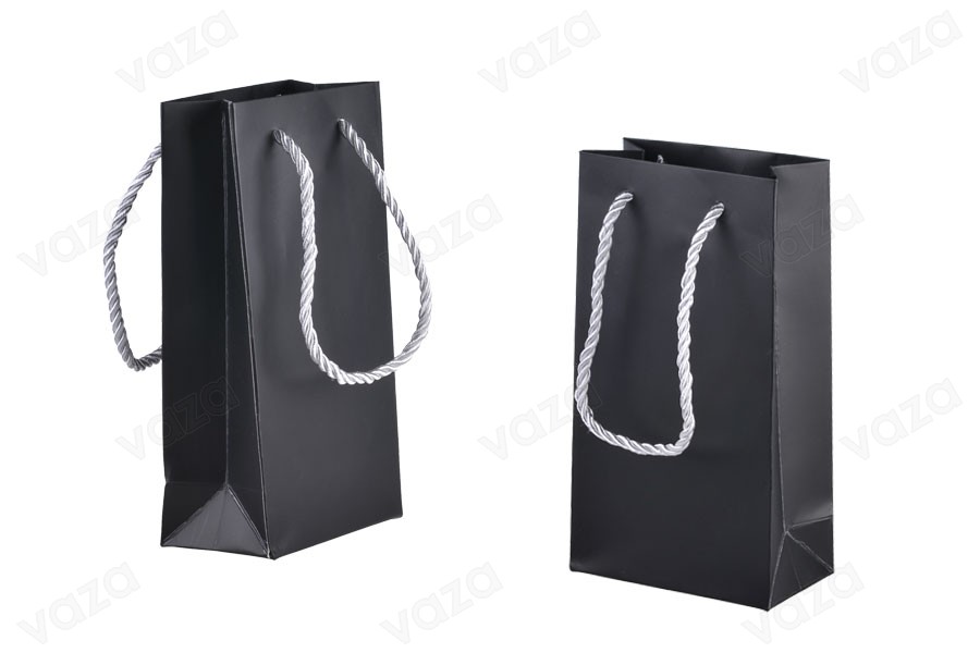 Geschenkbeutel in schwarz MAT mit silberner Kordel gedreht 6 mm und glatter Textur 110x60x200 - 20 Stk-bildgruppe
