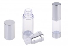 Bottiglia airless da 15 ml per miscelazioni acquose con corpo in plastica trasparente, tappo e base in alluminio disponibile in 3 colori (oro, argento lucido e opaco).
