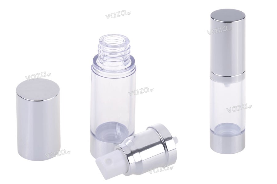 Bottiglia airless da 15 ml per miscelazioni acquose con corpo in plastica trasparente, tappo e base in alluminio disponibile in 3 colori (oro, argento lucido e opaco).