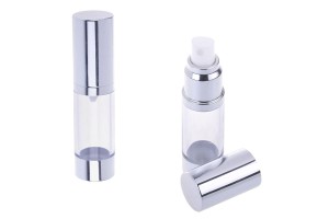 Flacon airless pour mélanges aqueux de 15 ml avec corps en plastique transparent, bouchon et base en aluminium en 3 couleurs (or, argent brillant et MAT)-4