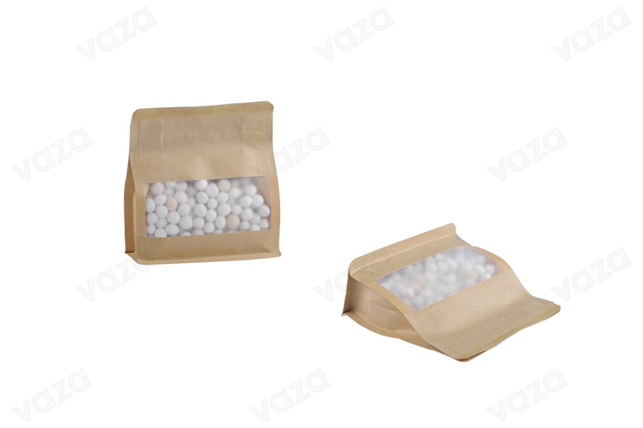 Standbodenbeutel aus Kraftpapier, Doy Pack  137x 66 x123mm, verschließbar durch Schweißgerät, mit Druckverschluss, Sichtfenster, innere und äußere transparente Auskleidung-εικόνα_προϊοντική