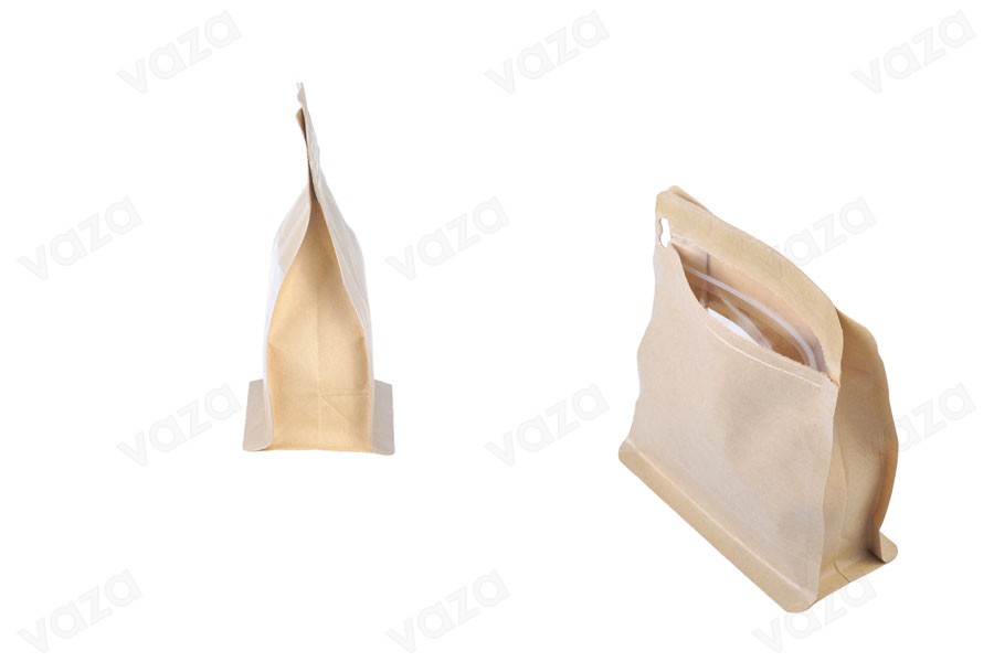 Standbodenbeutel aus Kraftpapier, Doy Pack  137x 66 x123mm, verschließbar durch Schweißgerät, mit Druckverschluss, Sichtfenster, innere und äußere transparente Auskleidung-