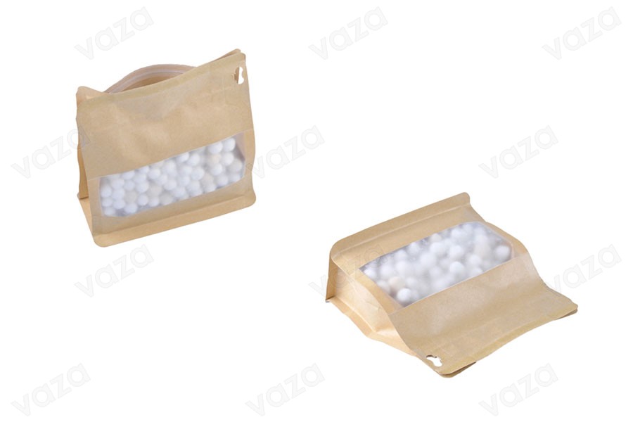 Standbodenbeutel aus Kraftpapier, Doy Pack  137x 66 x123mm, verschließbar durch Schweißgerät, mit Druckverschluss, Sichtfenster, innere und äußere transparente Auskleidung-εικόνα_σύνθεση