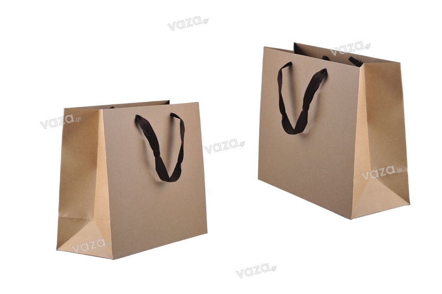 Eco kraft paper gift bag with a 20 mm brown grosgrain handle, in size 330x140x280 